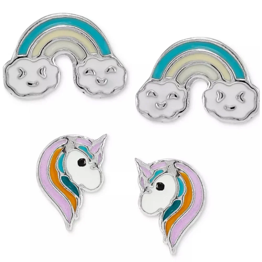 Macys FB Kids Womens Sterling Silver Enamel Unicorn Rainbow Earrings Set